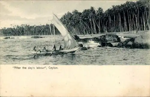 Ak Ceylon Sri Lanka, Fischerboot bei der Heimkehr