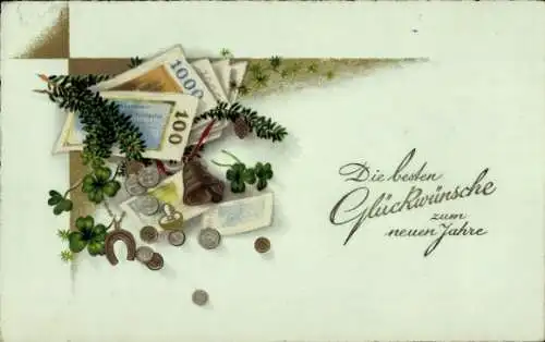 Ak Glückwunsch Neujahr, Kleeblätter, Münzen, Geldscheine