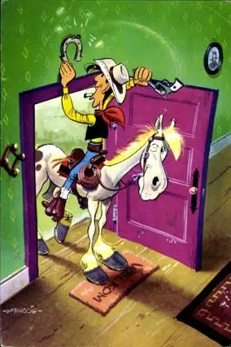 Künstler Ak Lucky Luke schlägt mit Pistole ein Hufeisen an die Wand, Reklame Pep
