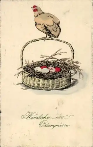 Ak Glückwunsch Ostern, Huhn, Weidenkorb mit Ostereiern