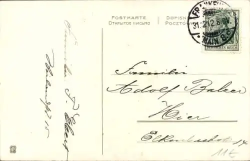 Ak Glückwunsch Neujahr, Dackel im Rucksack, Stechpalmenzweige