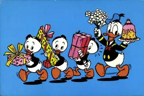 Ak Walt Disney, Donald Duck, Neffen Tick, Trick und Track, Kuchen, Blumen, Geschenke