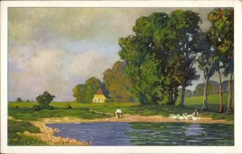 Künstler Ak Pfeifer-Fried, Josef, Landschaftsmotiv, Gänse am Wasser, Meissner & Buch