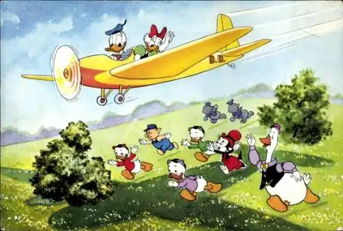 Ak Walt Disney, Donald Duck und Daisy Duck im Flugzeug