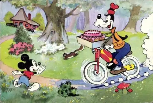 Ak Walt Disney, Goofy auf einem Motorrad, Torte, Micky Maus