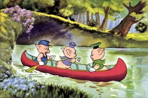Ak Walt Disney, Drei kleine Schweinchen in einem Kanu