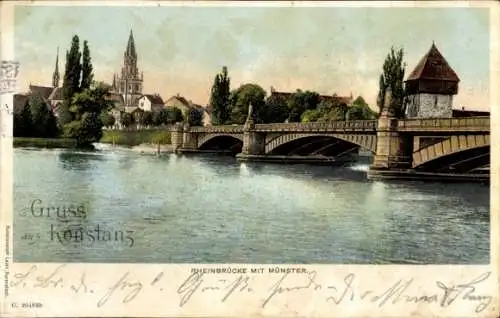 Ak Konstanz am Bodensee, Rheinbrücke mit Münster