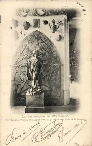 Ak Wiesbaden in Hessen, Landesmuseum, Der heilige Victor, Holzfigur