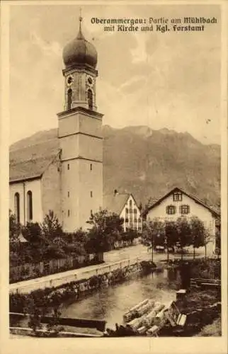 Ak Oberammergau in Oberbayern, Mühlbach, Kirche, Königliches Forstamt