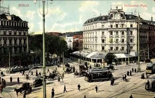 Ak Berlin Tiergarten, Potsdamer Platz, Straßenbahn, Kutsche