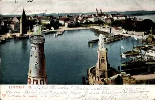 Ak Lindau im Bodensee, Hafeneinfahrt mit Signalturm, Löwe und Stadt