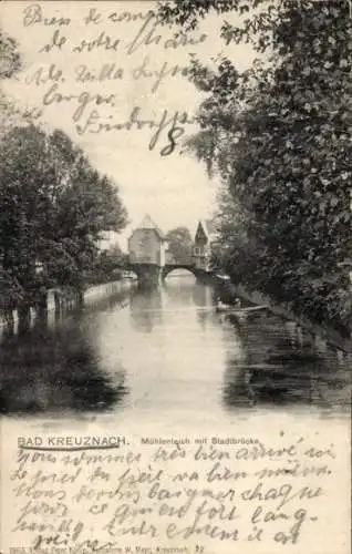 Ak Bad Kreuznach in Rheinland Pfalz, Mühlenteich, Stadtbrücke