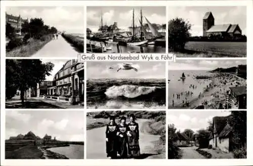 Ak Wyk auf Föhr Nordfriesland, Tracht, Möwe, Strand, Kirche, Hafen