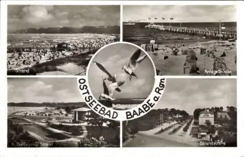 Ak Ostseebad Baabe auf Rügen, Möwen, Strand, Anlegebrücke, Strandstraße, Kuranlage