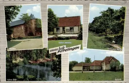 Ak Brelingen Wedemark in Niedersachsen, Kirche, Salon Ahrens, Bretinger Berg, Schule, Löns-See