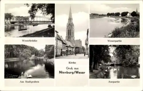 Ak Nienburg an der Weser, Aue, Weserbrücke, Stadtgraben, Kirche