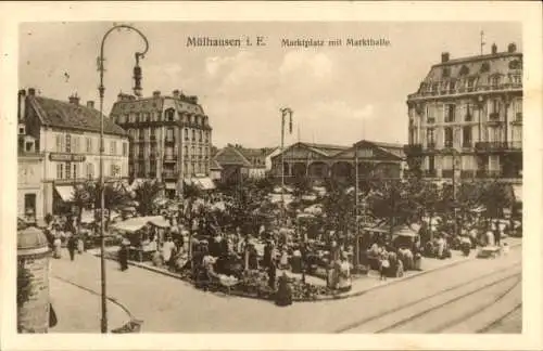 Ak Mulhausen Mühlhausen Elsass Bas Rhin, Marktplatz, Markthalle