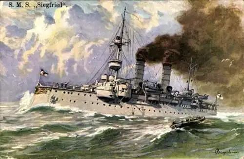 Künstler Ak Deutsches Kriegsschiff, SMS Siegfried, Küstenpanzerschiff, Kaiserliche Marine