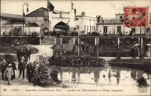 Ak Lyon Rhône, Exposition Coloniale 1914, Jardins de l'Horticulture et Village Senegalais