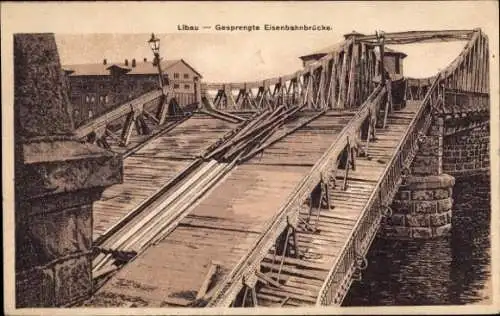 Ak Liepaja Libau Lettland, gesprengte Eisenbahnbrücke