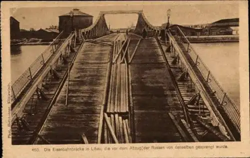 Ak Liepaja Libau Lettland, gesprengte Eisenbahnbrücke