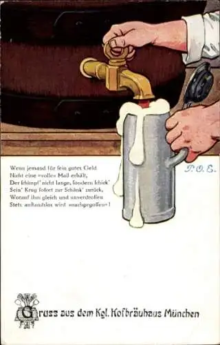 Künstler Ak Engelhard, P.O.E., München, Kgl. Hofbräuhaus, Bierkrug