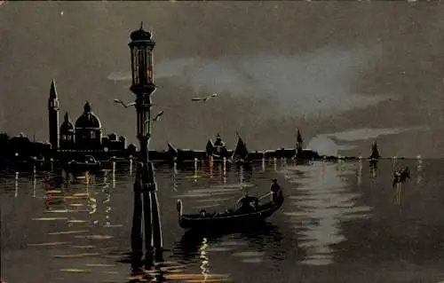 Ak Venezia Venedig Veneto, Gondel, Wasserpartie, Beleuchtung