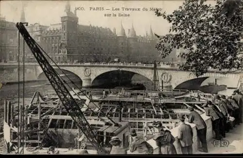 Ak U-Bahn Paris, Metroarbeiten an der Seine, Brücke