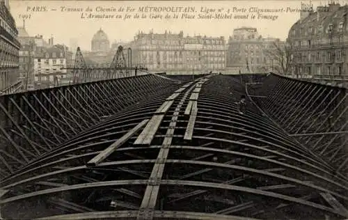 AK U-Bahn Paris, Metropolitan Railway Works, Linie Nr. 4, Eisengerüst des Bahnhofs