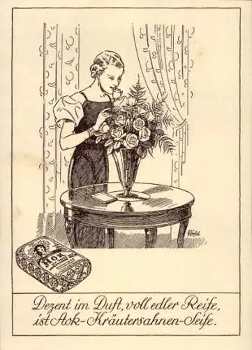 Künstler Ak Dezent in Duft, voll edler Reife, ist Aok Kräutersahnen-Seife, Reklame