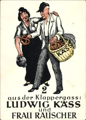 Künstler Ak Aus der Klappergass, Ludwig Käss und Frau Rauscher, Brezeln, Frau mit Beule am Kopf
