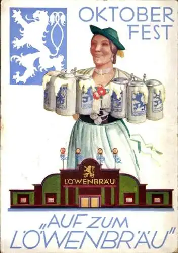 Ak München Bayern, Löwenbräu Brauerei, Oktoberfest, Bierhalle, Frau mit Maßkrügen, bayerische Tracht