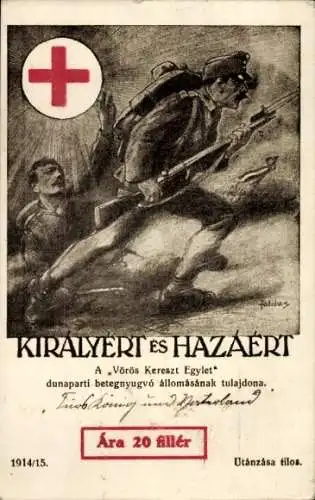 Künstler Ak Ungarisches Rotes Kreuz, Soldaten in der Schlacht 1914/15, Bajonett