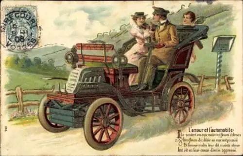 Präge Ak Liebespaar im Automobil, Ausflug, Fahrt, Amor