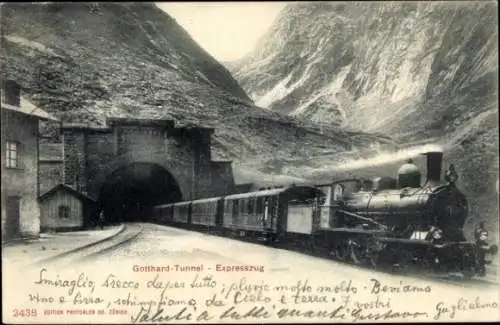 Ak Gotthard Tunnel, Expresszug, Dampflokomotive, Ausfahrt