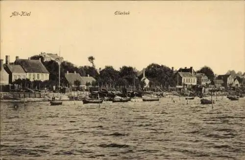 Ak Ellerbek Kiel, Blick über das Wasser zum Ort, Boote