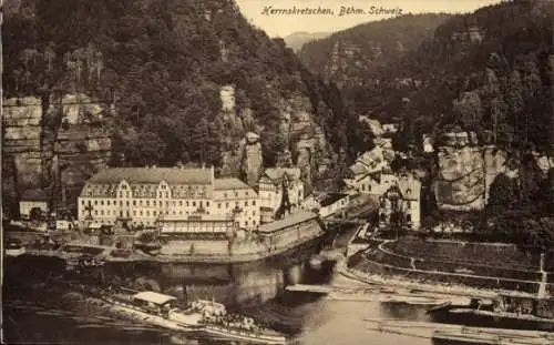 Ak Hřensko Herrnskretschen Elbe Reg. Aussig, Teilansicht, Dampfer, Hotel