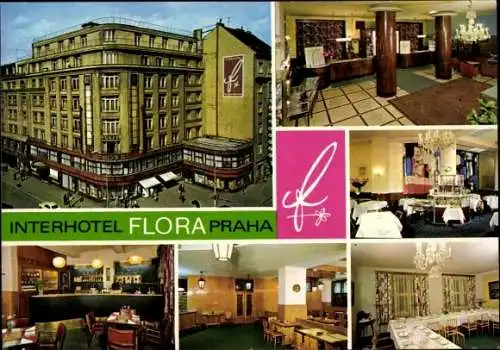 Ak Praha Prag Tschechien, Interhotel Flora, Empfang, Speiseraum, Innenansichten, Fassade