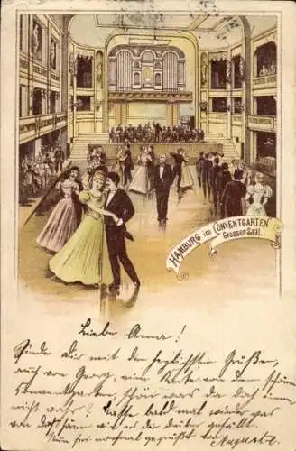 Litho Hamburg St. Pauli, Konventgarten, Großer Saal, Tanzpaare