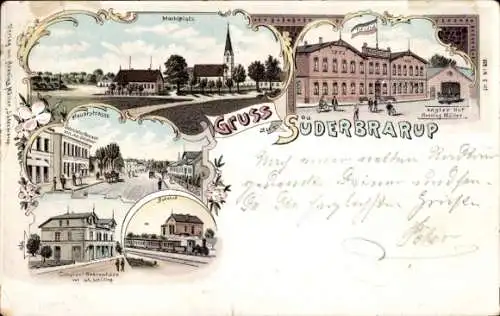 Litho Süderbrarup in Angeln Schleswig Holstein, Marktplatz, Hauptstraße, Bahnhof, Angeler Hof