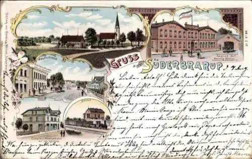 Litho Süderbrarup in Schleswig Holstein, Hotel Angler Hof, Marktplatz, Bahnhof, Gleisseite