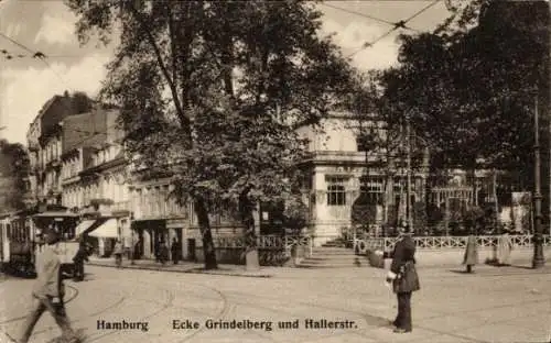 Ak Hamburg Eimsbüttel Harvestehude, Straßenansicht Ecke Grindelberg und Hallerstraße mit Straßenbahn