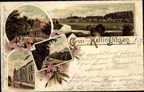Litho Kellinghusen in Schleswig Holstein, Rosdorf, Lindenstraße und Friedenseiche, Promenade