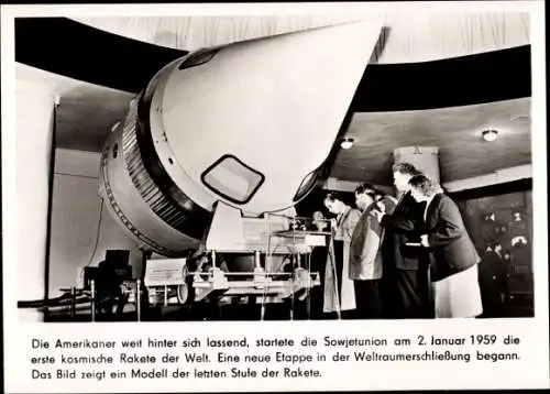 Foto Sowjetische Raumfahrt, erste kosmische Rakete 1959, Modell der letzten Stufe der Rakete