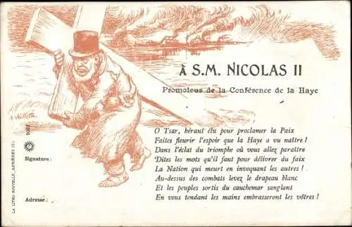 Künstler Ak Conference de la Haye, Friedenskonferenz Den Haag, Aufruf an Zar Nikolaus II v. Russland