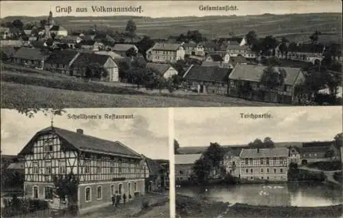Ak Volkmannsdorf bei Schleiz Thüringen, Gesamtansicht, Schellhorns Restaurant, Teich