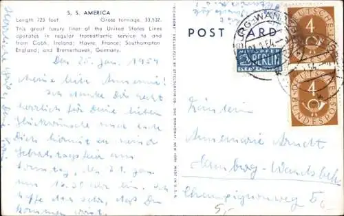 Ak Dampfschiff SS America, USL