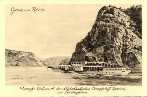Ak Sankt Goarshausen am Rhein, Loreleyfelsen, Dampfer Wilhelmina, Niederländer Dampfschifffahrt