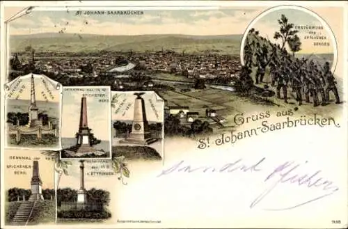 Litho St. Johann Saarbrücken a.d. Saar, Totalansicht, Erstürmung des Sp. Berges