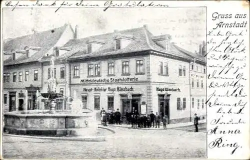 Ak Arnstadt in Thüringen, Mitteldeutsche Staatslotterie, Hauptkollektur, Brunnen